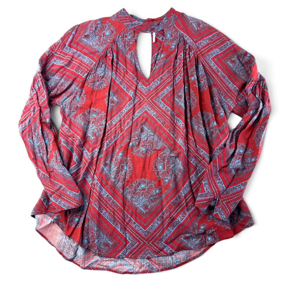 free people red blue geometric print keyhole tunic top medium boho festival